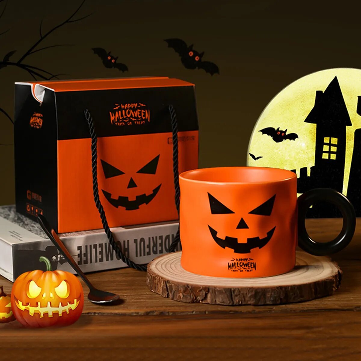 Caneca Abóbora de Halloween Laranja com Colher