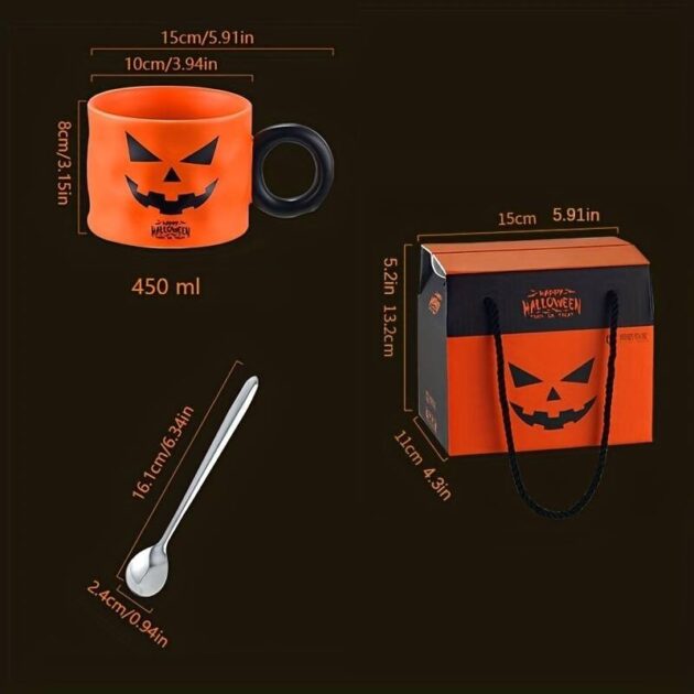 Caneca Abóbora de Halloween Laranja com Colher