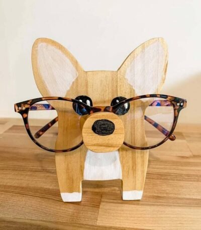 Porta Óculos Cachorro Corgi Suporte de Madeira