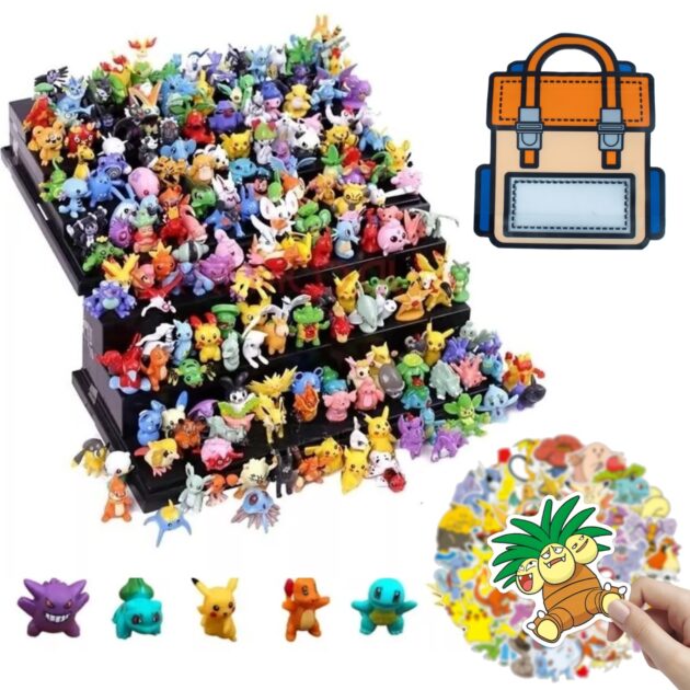 Kit 144 Pokemons + 50 Adesivos Coleção Completa Miniaturas e Bolsa Bag