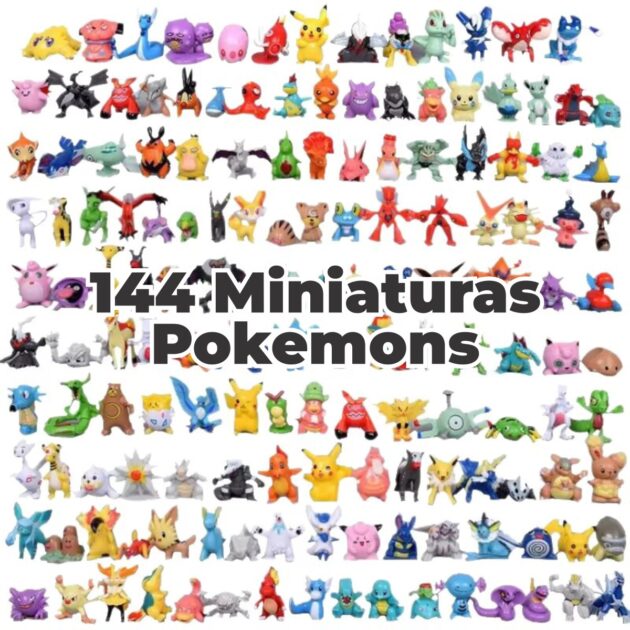 Kit 144 Pokemons + 50 Adesivos Coleção Completa Miniaturas e Bolsa Bag