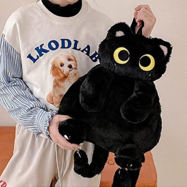 Mochila com Formato De Gatinho de Pelúcia Fofa e Felpuda com Alças Kawaii - Image 5